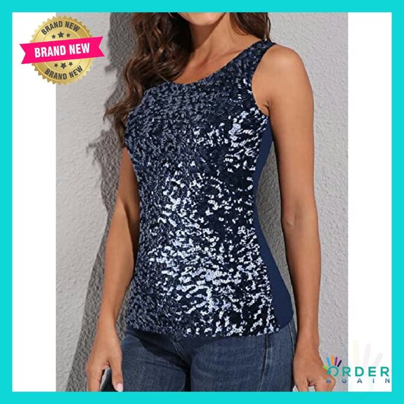 Sequin Sparkle Tank Top Glam Y2K Party Vest Elegant Night Out Stretchy Fit - Picture 4 of 8